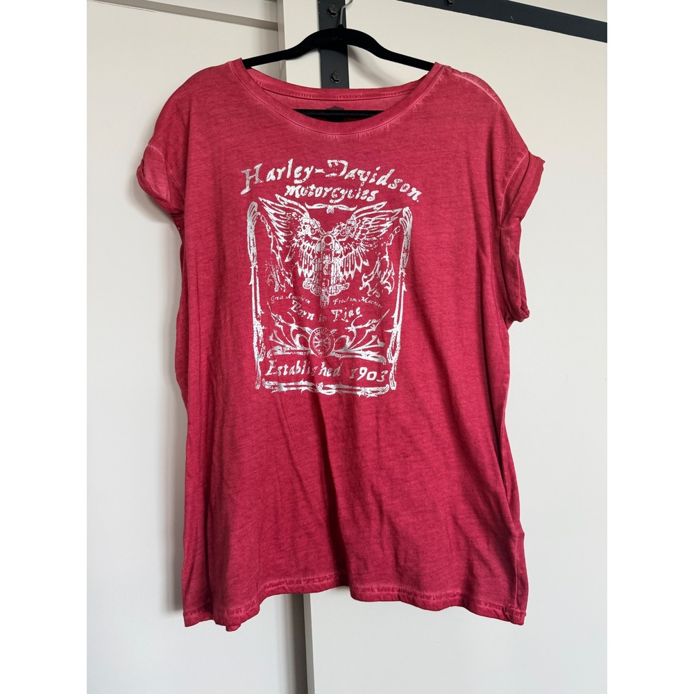 Harley-Davidson Womens Red Graphic T-Shirt Foil Eagle Biker Tee 2XL - Picture 2 of 5